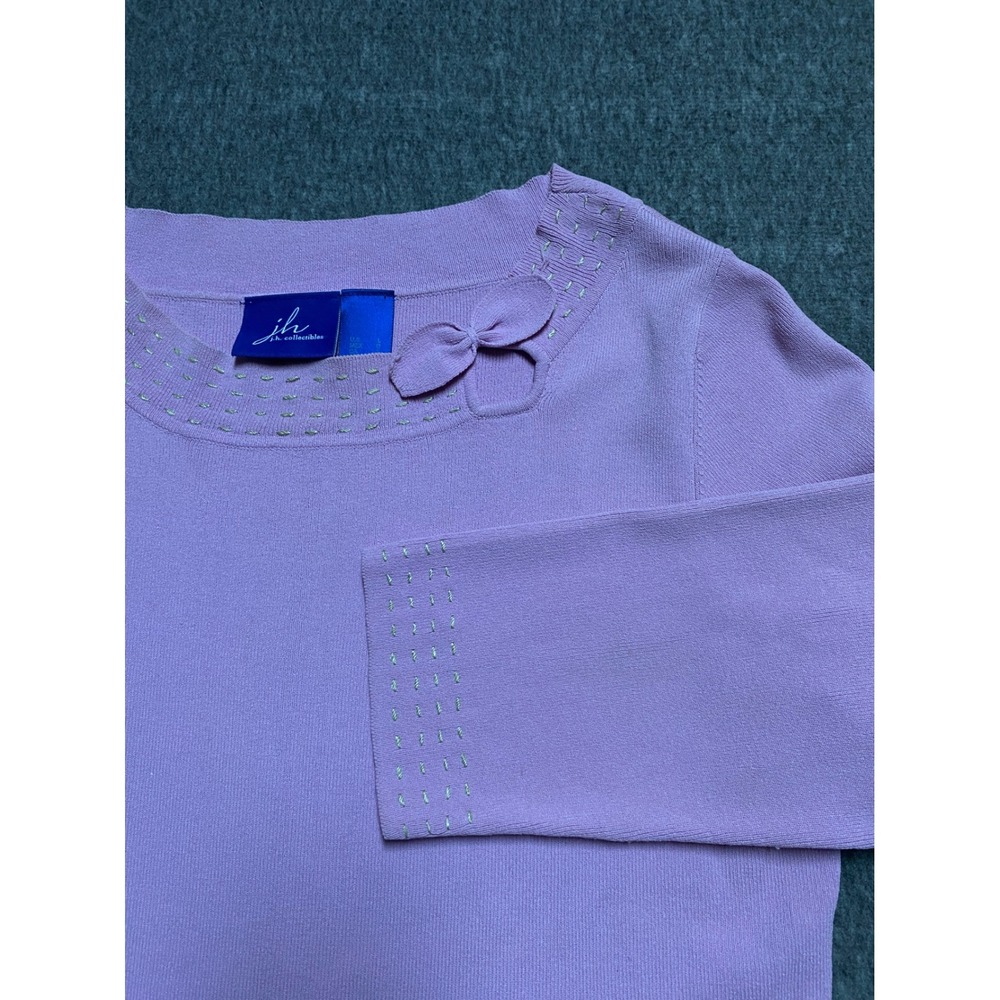 JH Collectibles Lavender Knit Top Bow Neck Silver Stitch 3/4 Sleeve Size Large